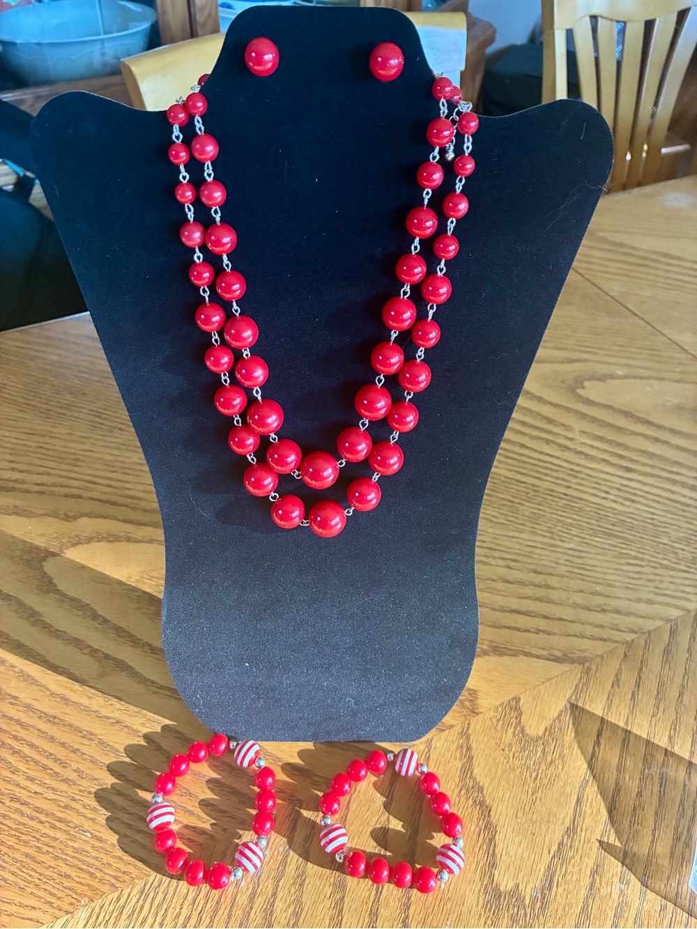 4-Piece Red & White Stripe Beaded Statement Jewelry Set Necklace Bracelet